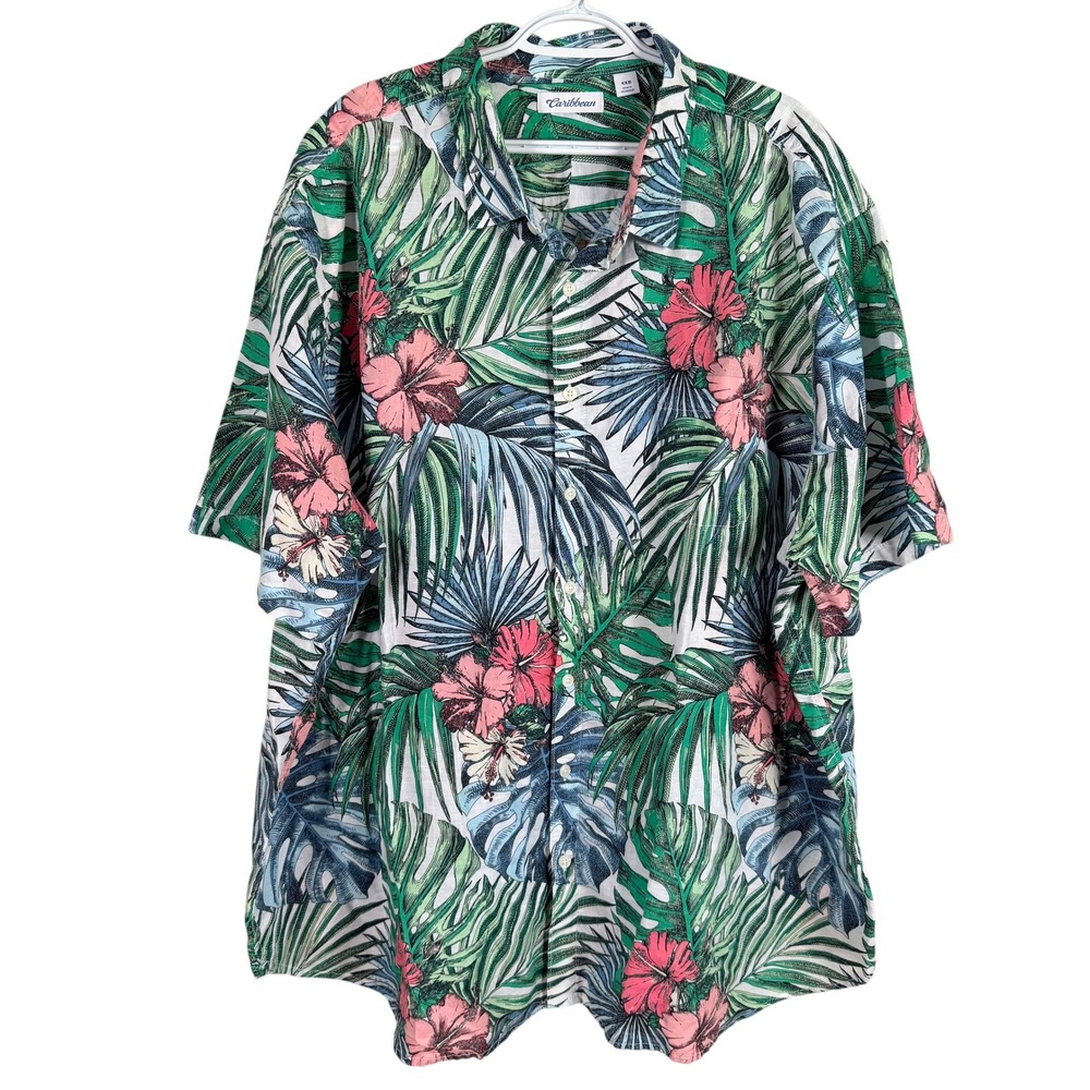 Caribbean Linen Blend Hawaiian Shirt Button Up Mens 4XB Big 4X Tropical Hibiscus